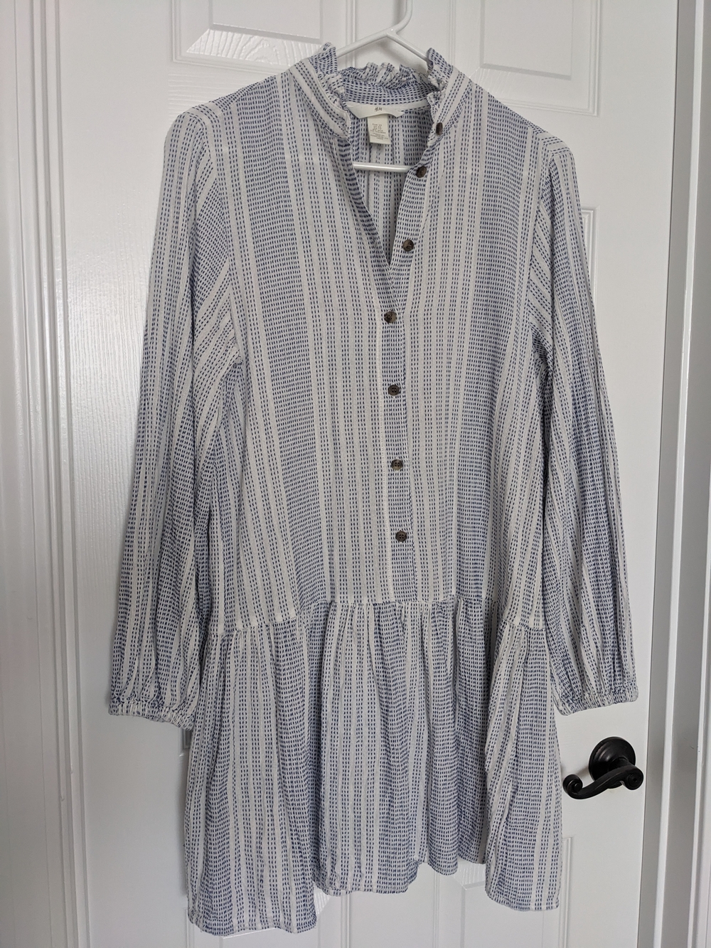 Striped Long Sleeve Ruffle Collar Dress - Blue